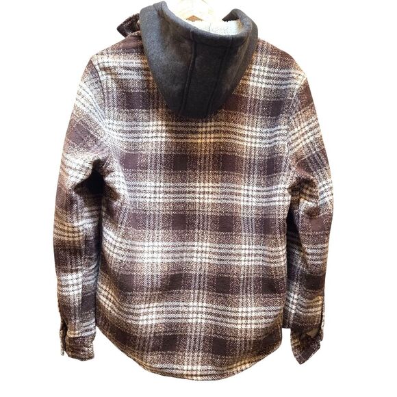 Distortion Men's Plaid Sherpa Hoodie Jacket Brown & White Size S Cozy Warm Fall - Picture 2 of 9